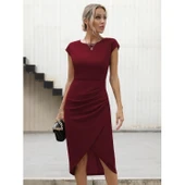 Lucky Life Kadın Yarım Ay Kollu Bisiklet Yaka Yandan Drapeli Ithal Krep Elbise - 1