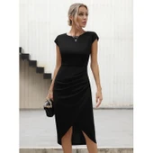 Lucky Life Kadın Yarım Ay Kollu Bisiklet Yaka Yandan Drapeli Ithal Krep Elbise - 1