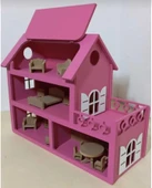 Boyalı Ahşap Çatısı Açılır Barbie Evi, Mobilya seti hediyeli - 5