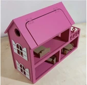 Boyalı Ahşap Çatısı Açılır Barbie Evi, Mobilya seti hediyeli - 3