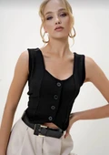 Krep kumaş düğmeli yelek siyah s3395 thumbnail 2