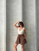 Volanlı keten şort kahve s255058 - 3