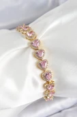 Pirinç Zirkon Taşlı Pembe Kalp Baget Model Gold Renk VIP Seri Kadın Bileklik - EBJ250726W36770 thumbnail 1