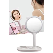 Buffer® Kedi Kulaklı Telefon Standlı Yuvarlak Dokunmatik Led Ayarlı Masa Üstü Makyaj Aynası - 6