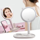 Buffer® Kedi Kulaklı Telefon Standlı Yuvarlak Dokunmatik Led Ayarlı Masa Üstü Makyaj Aynası - 1