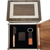 Özel Ahşap Kutulu Bakır Roller Kalem Anahtarlık Ve Çakmak Set - 1