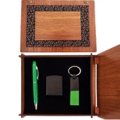 Ahşap Kutulu Yeşil Kalem Anahtarlık Ve Çakmak Seti - 1