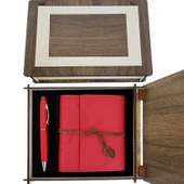 Özel Ahşap Kutulu Kırmızı Deri Defter Ve Kalem Set - 1