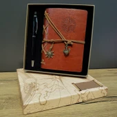 Pusula Baskılı Deri Defter Kalem Seti - 1