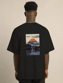 Unisex Bisiklet Yaka Baskılı Oversize T-Shirt - Siyah thumbnail 4