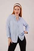 Cep Detay Çizgili Oversize Mavi Gömlek thumbnail 1