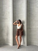 Volanlı keten şort kahve s255058 thumbnail 6