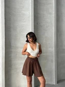 Volanlı keten şort kahve s255058 thumbnail 2