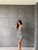 Kadın Uzun Kollu Kruvaze Yaka Kazayağı Mikro Mini Boy Elbise thumbnail 2