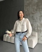 Çift renkli kısa gömlek krem s4021 thumbnail 3