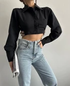 Yanı kemer detaylı crop gömlek siyah s4009 - 7