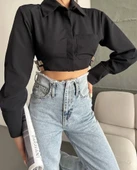 Yanı kemer detaylı crop gömlek siyah s4009 - 2