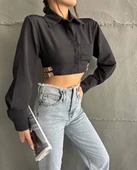 Yanı kemer detaylı crop gömlek siyah s4009 - 8