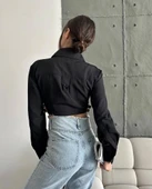 Yanı kemer detaylı crop gömlek siyah s4009 - 5