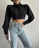 Yanı kemer detaylı crop gömlek siyah s4009 - 1