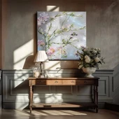 Pembe Çiçekler ve Dallar Kanvas Tablo thumbnail 1