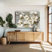 Beyaz ve Altın Çiçekler Kanvas Tablo thumbnail 1