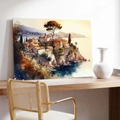 Kayalık Sahil Kasabası Kanvas Tablo - 2