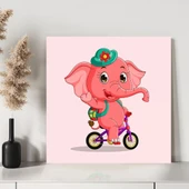 Pembe Fil Bisiklette Kanvas Tablo thumbnail 3