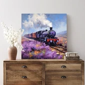 Mor Çiçekler ve Tren Kare Kanvas Tablo thumbnail 1