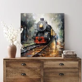 Gece Buharlı Tren Kare Kanvas Tablo thumbnail 1