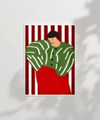 Çerçevesiz Poster Kırmızı Çizgilerde Yeşil Kadın thumbnail 2