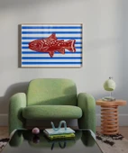 Çerçevesiz Poster Kırmızı Balık Mavi Çizgiler thumbnail 5