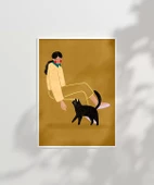 Çerçevesiz Poster Kedi ve Kadın İllüstrasyon thumbnail 1