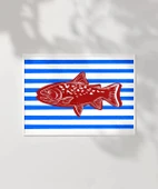 Çerçevesiz Poster Kırmızı Balık Mavi Çizgiler thumbnail 2