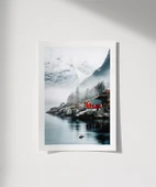 Çerçevesiz Poster Kırmızı Ev ve Sisli Dağlar thumbnail 1