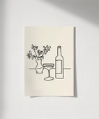 Çerçevesiz Poster Şarap Şişesi ve Çiçek Vazosu Line Art thumbnail 1