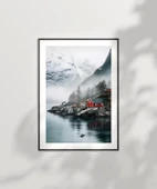 Çerçevesiz Poster Kırmızı Ev ve Sisli Dağlar thumbnail 6