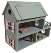 Boyalı Ahşap Çatısı Açılır Oyuncak Barbie Evi (aksesuarlı) - 3