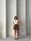 Volanlı keten şort kahve s255058 - 5