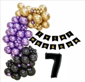 7 Yaş Siyah, Gold, Mor Balon+Banner Seti thumbnail 1