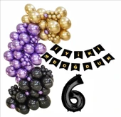 6 Yaş Siyah, Gold, Mor Balon+Banner Seti thumbnail 1