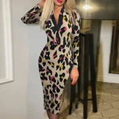 Kadın Uzun Kollu V Yaka Puantiyeli Krep Midi Boy Elbise thumbnail 1