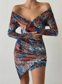 Kadın Uzun Kollu V Yaka Leopar Etnik Desen Fırsat ürün Mini Kruvaze Elbise thumbnail 1
