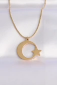 CEYLAN ADAM 316L Çelik Zincir Gold Renk Ay Yıldız Unisex Kolye thumbnail 1