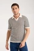 Erkek Polo Yaka Krem Siyah Çizgili Kısa Kollu Triko Tişört thumbnail 2
