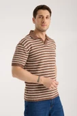 Erkek Polo Yaka Kahverengi Beyaz Çizgili Kısa Kollu Triko Tişört thumbnail 3