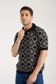 Erkek Polo Yaka Siyah Geometrik Desenli Kısa Kollu Triko Tişört - 2
