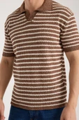 Erkek Polo Yaka Kahverengi Beyaz Çizgili Kısa Kollu Triko Tişört thumbnail 1