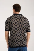 Erkek Polo Yaka Geometrik Desenli Kısa Kollu Triko Tişört - Lacivert Bej thumbnail 6