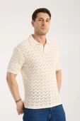 Erkek Polo Yaka Krem Zigzag Desenli Kısa Kollu Triko Tişört - 3